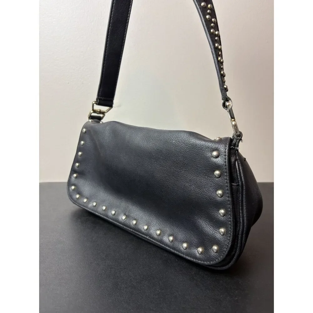 Black Faux Leather Studded Black Shoulder Bag Goth Grunge Biker Chic Rectangle
